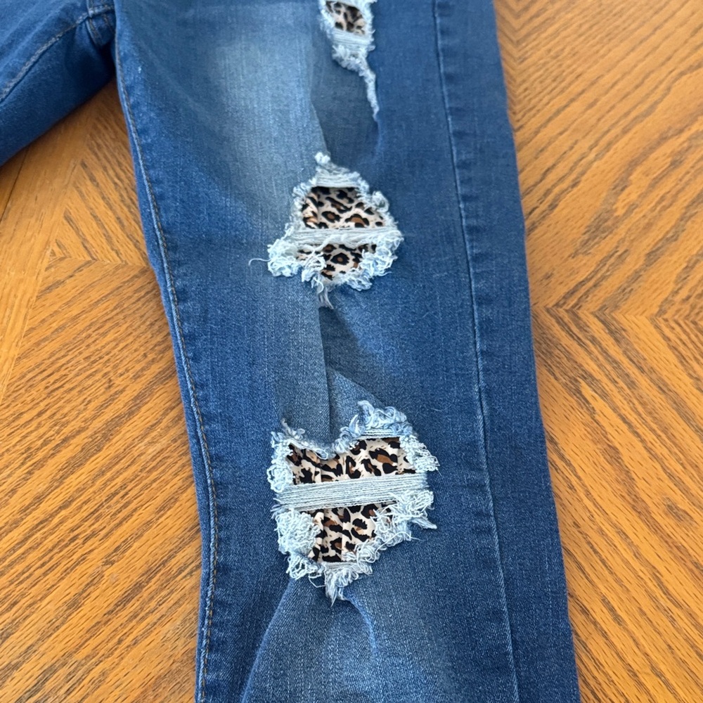 Blue Stretch Skinny Jeans with Animal Print Accents - Picture 6 of 10